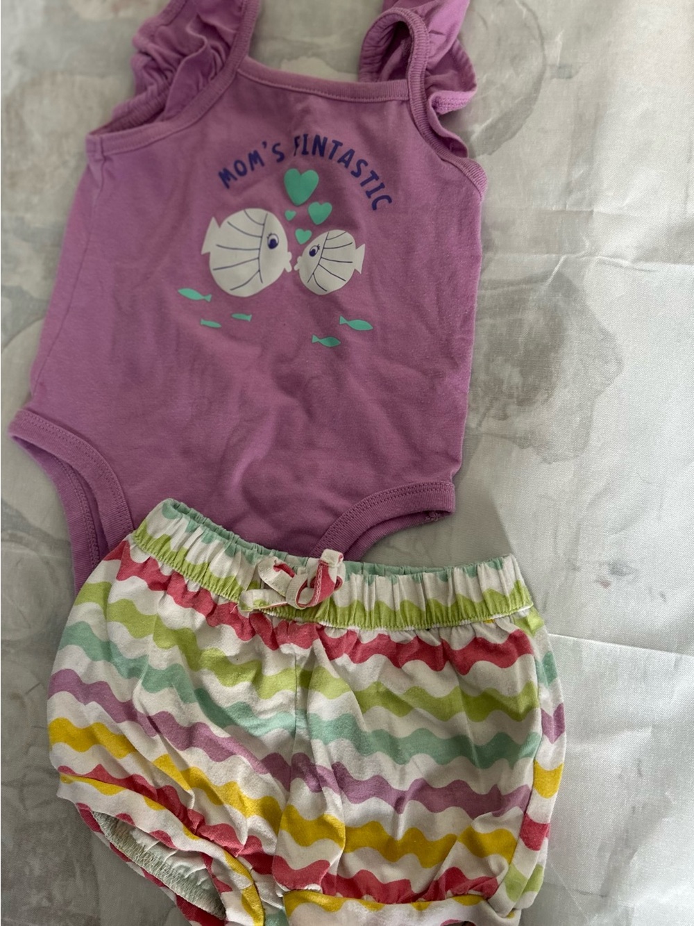 Purple Baby Tank Bodysuit with Fish Graphic & Multicolor Chevron Bloomers